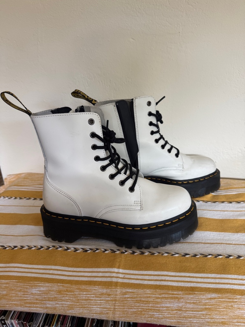 Dr. Martens White Platform Combat Boots with Black Laces - Picture 3 of 4